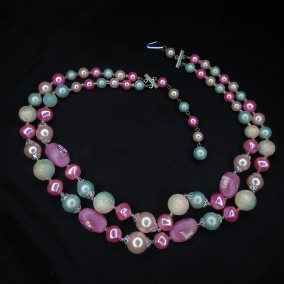 Vintage Multi Strand Necklace, Pink & Aqua Blue Pastel Beads Beaded MultiStrand - Picture 3 of 13